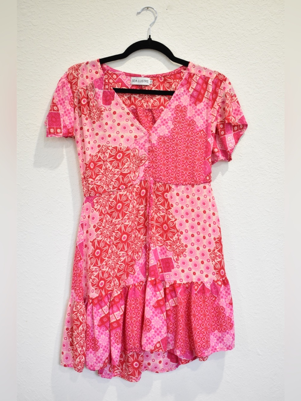 Sea Lustre Patchwork Print Mini Dress Size XS Pink Boho Babydoll